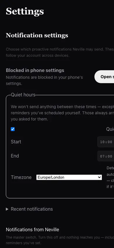 Notifications Device Denied screen in Neville AI