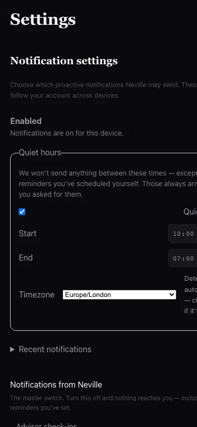 Notifications Device Granted screen in Neville AI