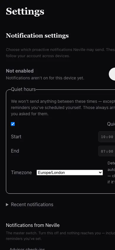 Notifications Device Prompt screen in Neville AI