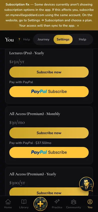 Settings Web Subscription Premium screen in Neville AI