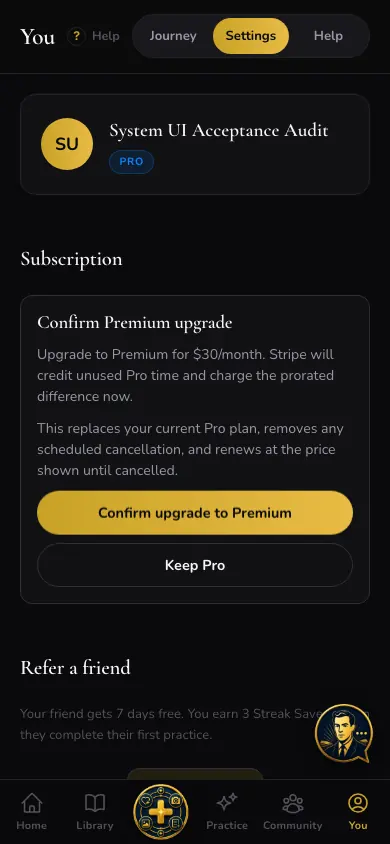 Settings Web Subscription Upgrade Confirm screen in Neville AI