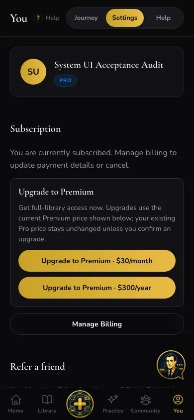 Settings Web Subscription Upgrade screen in Neville AI