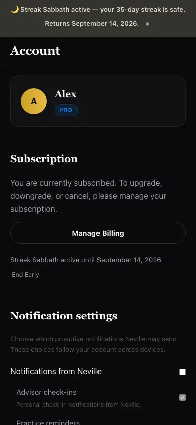 Streak Sabbath Account screen in Neville AI