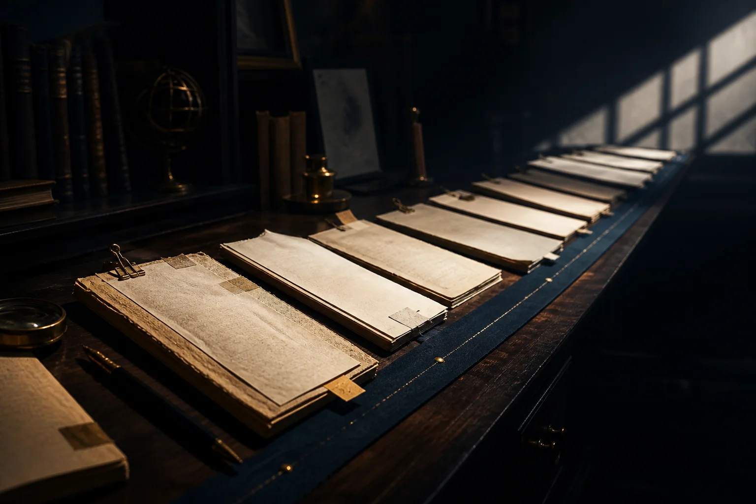 Aged pages arranged through successive window-shaped fields of light in a dark study
